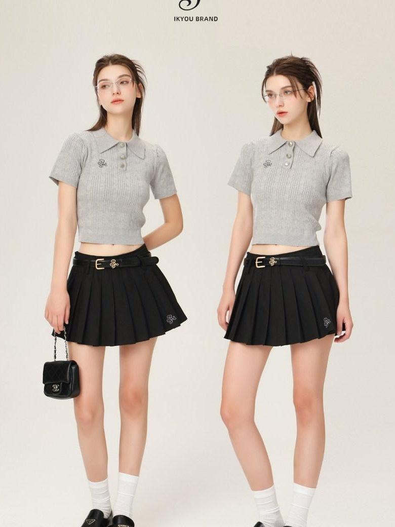 ikyou 3D Embellishment Slim Fit Henley Neck Women Solid Grey Knit Basic Crop Tops