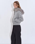 fano Detachable Zip Windproof Short Loose Casual Women Apple Shape Heather Gray Hoodie