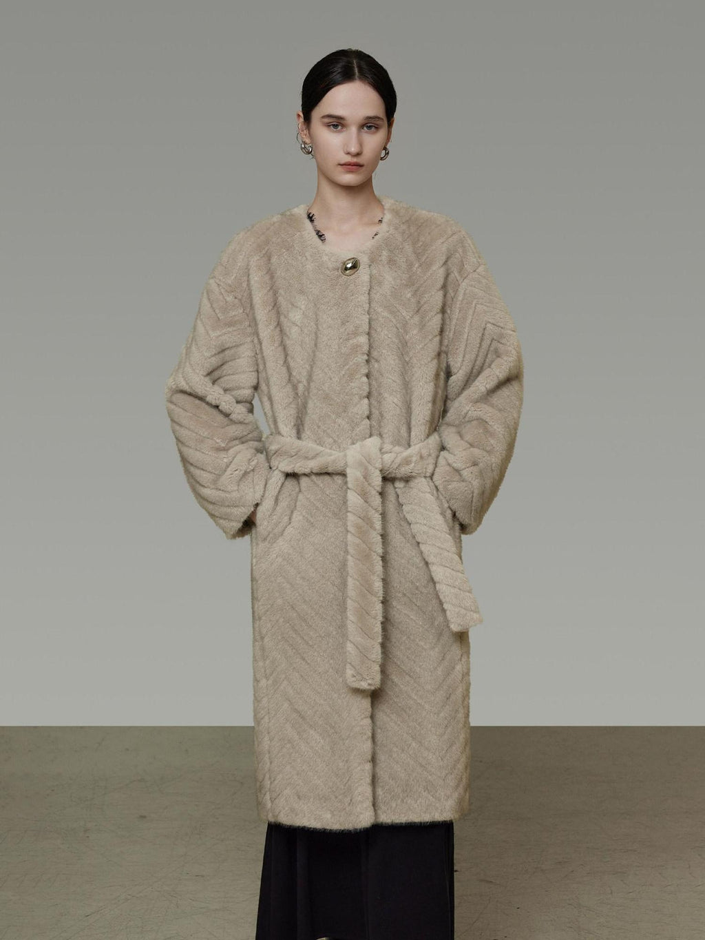 unspoken Warm Thick Beige Loose Fit Collarless Mid Length Commuter Women Long Coats