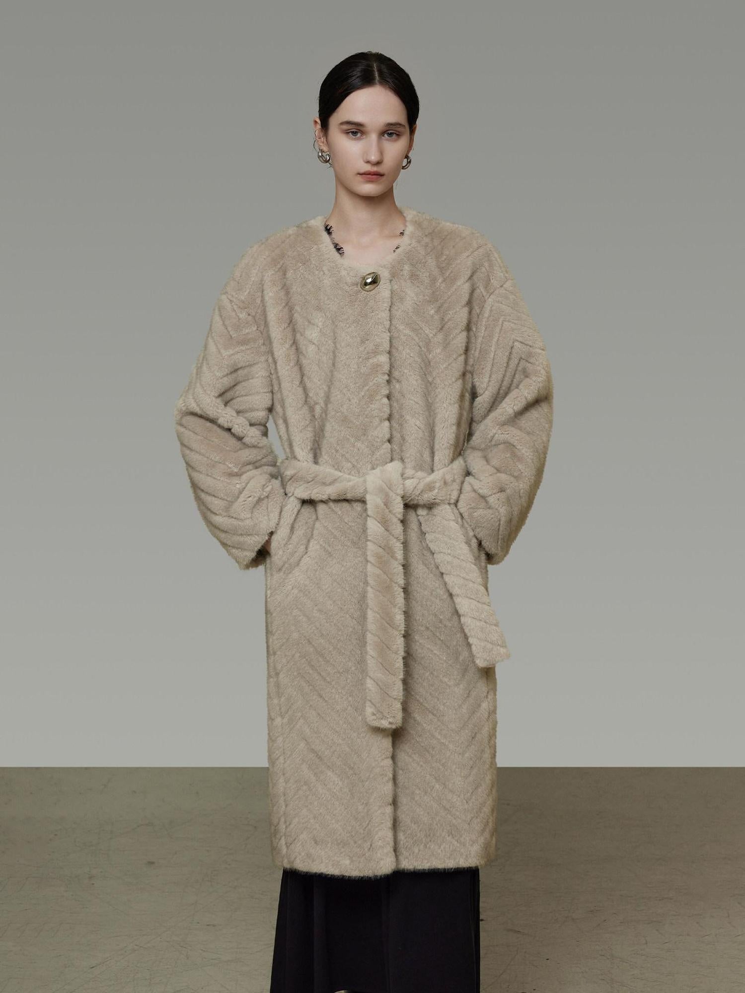 unspoken Warm Thick Beige Loose Fit Collarless Mid Length Commuter Women Long Coats