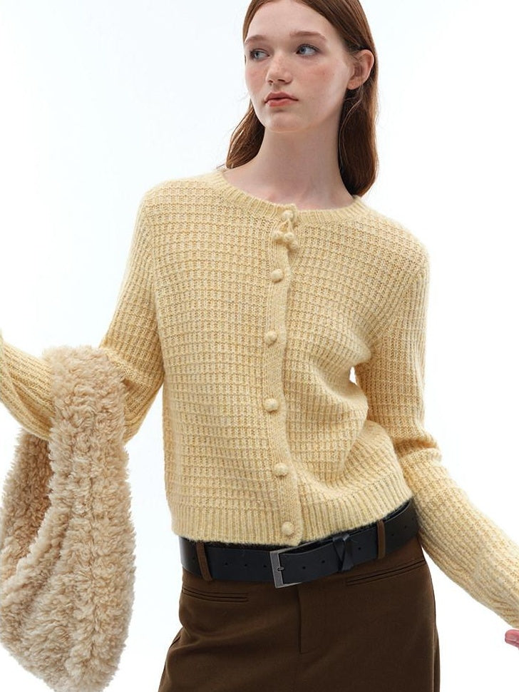someonesometimes Soft Alpaca Blend Commuter Artsy Crew Neck Button Long Sleeve Cream Cardigans
