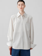 audreyyang Comfortable Polyester Blend Loose Lapel Button Long Sleeve Commuter White Shirts