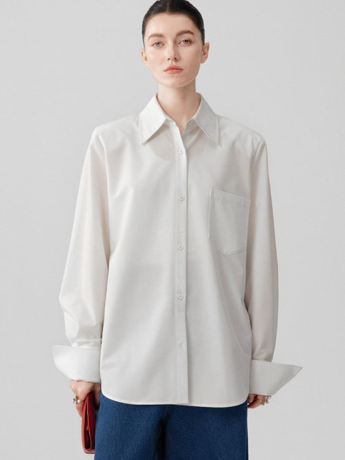 audreyyang Comfortable Polyester Blend Loose Lapel Button Long Sleeve Commuter White Shirts