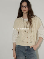 Lofi choose Versatile Openwork Short Round Neck Office Knit Women Ivory Acrylic Cardigans