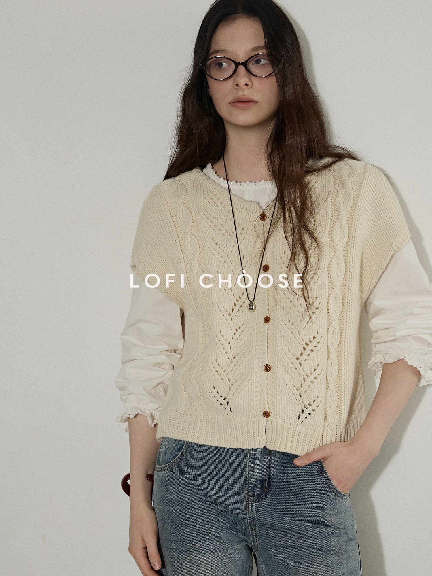Lofi choose Versatile Openwork Short Round Neck Office Knit Women Ivory Acrylic Cardigans