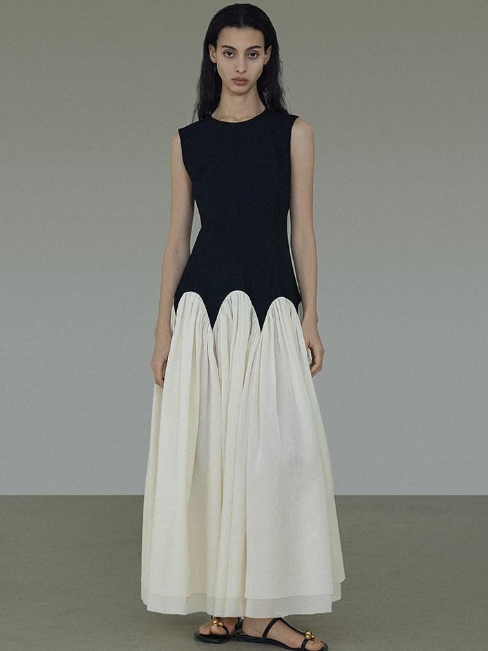 unspoken Colorblock High Waist Minimalist A Line Round Neck Office Ready Maxi Dresses