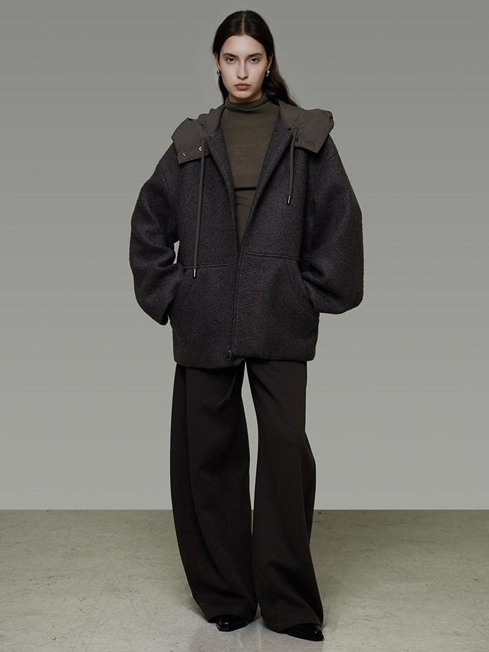 unspoken Premium Lambswool Hooded Relaxed Fit Minimal Commuter Zipper Gray Wool Coats
