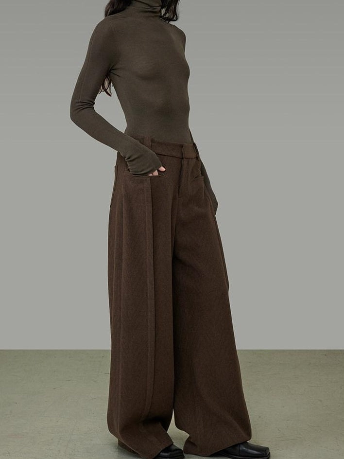 unspoken High Waist Pocketed Minimalist Office Brown Polyester Blend Wide Leg Pants