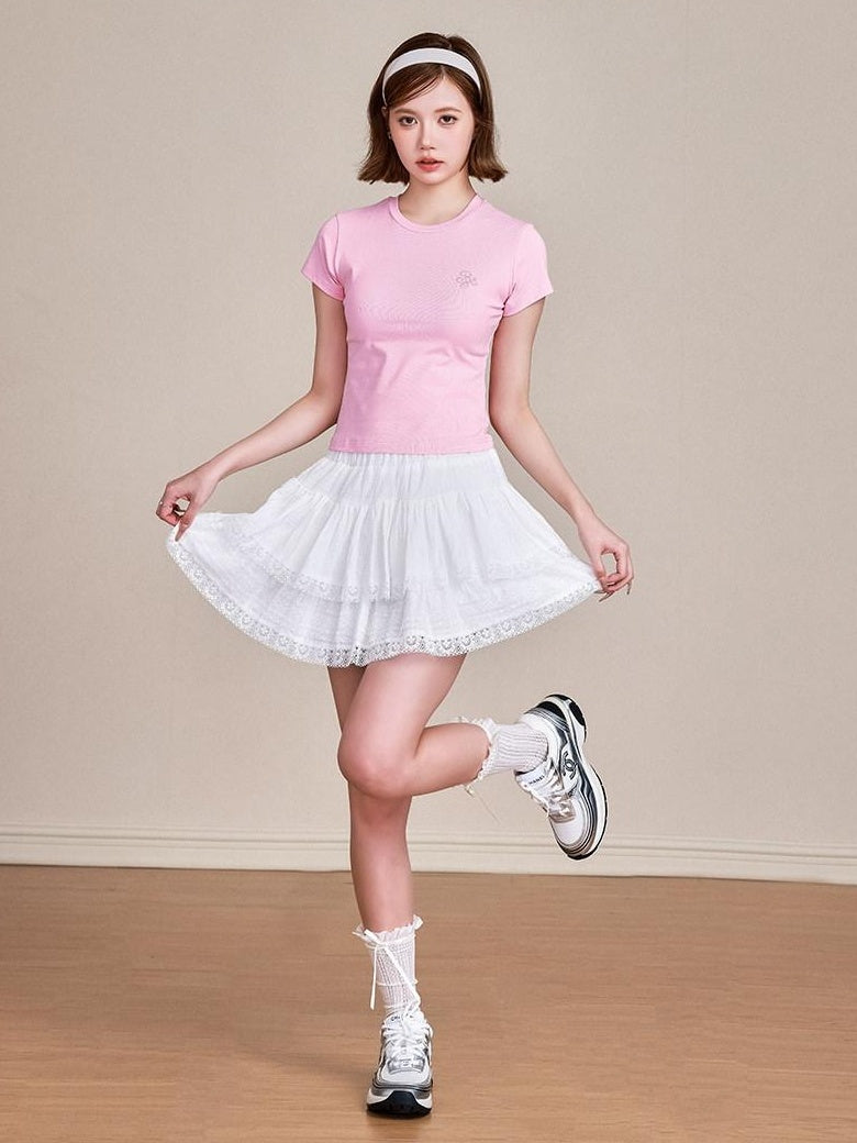 ikyou Pure Cotton Embroidered Slim Fit Short Sleeve Crew Neck Casual Basic Crop Tops