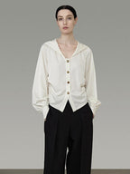 unspoken Cream Polyester Sailor Collar Button Front Loose Fit Office Minimalist Blouses