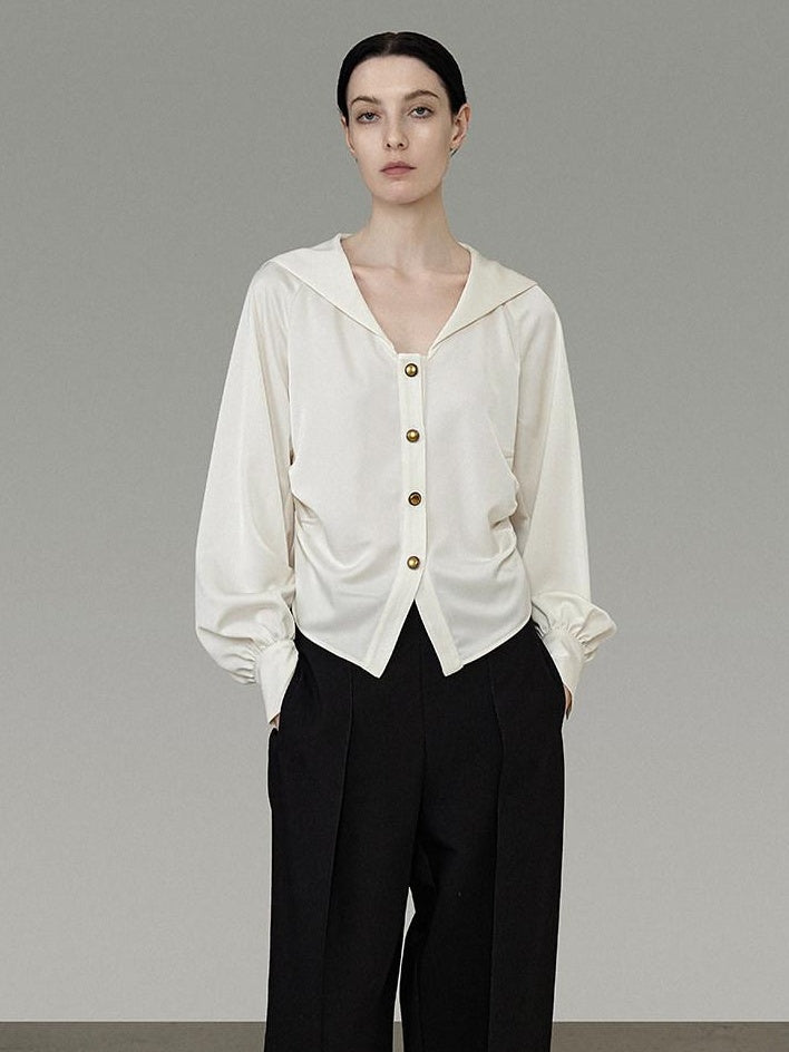 unspoken Cream Polyester Sailor Collar Button Front Loose Fit Office Minimalist Blouses