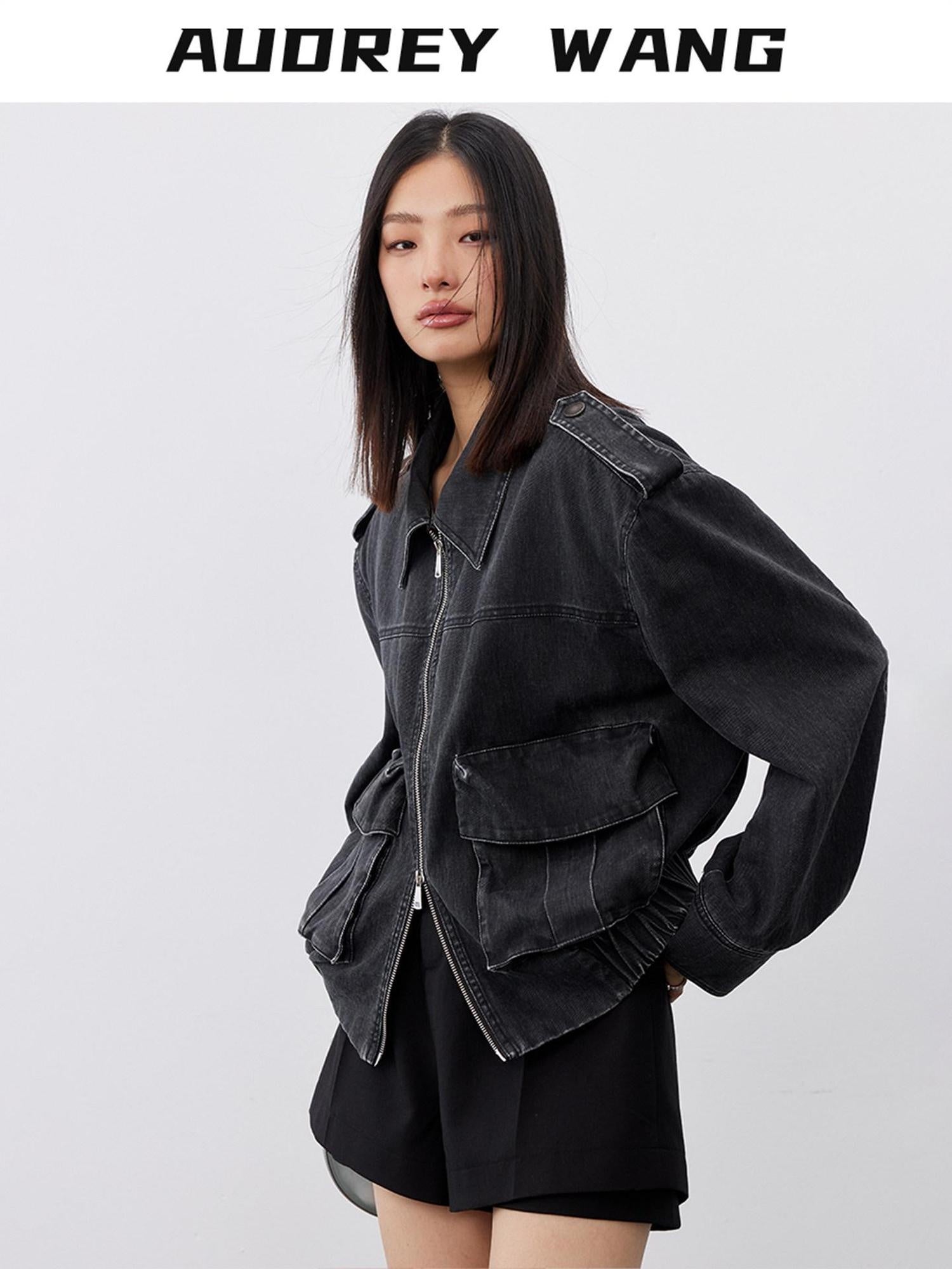 audreyyang Cotton Loose Commuter Lapel Zipper Long Sleeve Women Ash Gray Cropped Jackets