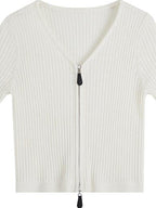 fano Soft Minimalist V-neck Cropped Short Sleeve White Polyester Blend Cardigans