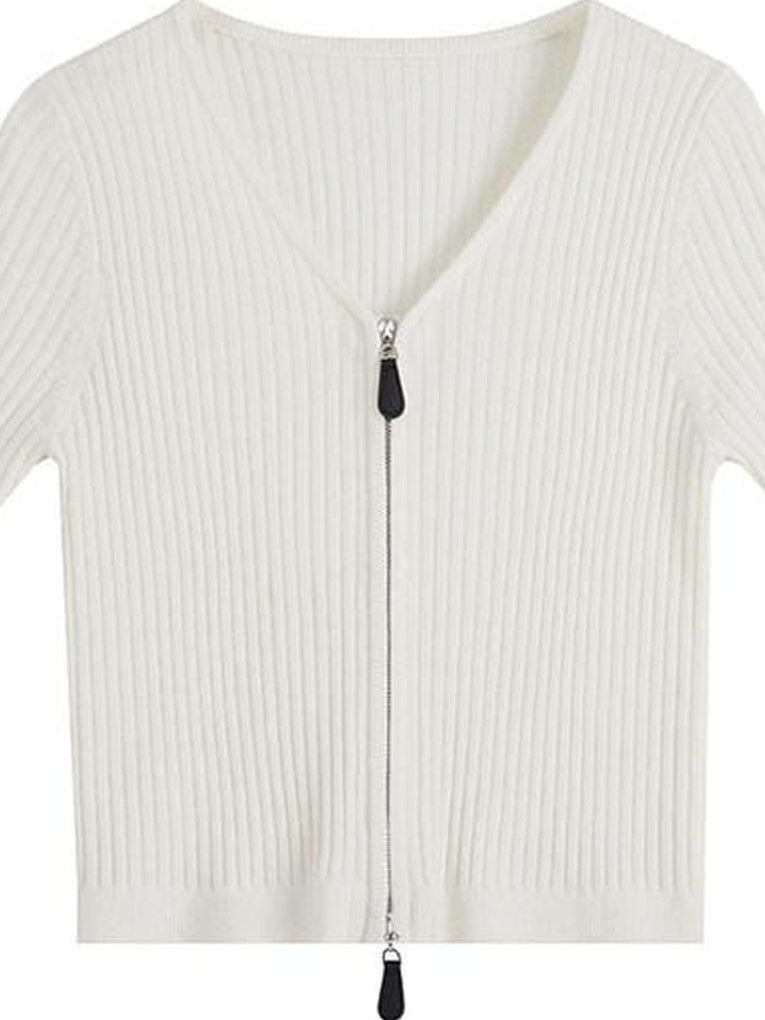 fano Soft Minimalist V-neck Cropped Short Sleeve White Polyester Blend Cardigans