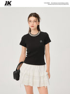 ikyou Durable Cotton Blend Slim Fit Short Sleeve Crewneck Women Black Basic Crop Tops