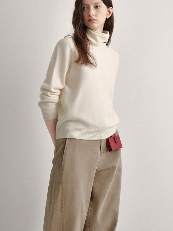 fano 100 Percent Wool High Neck Straight Minimalist Commuter Women Pullover Sweaters