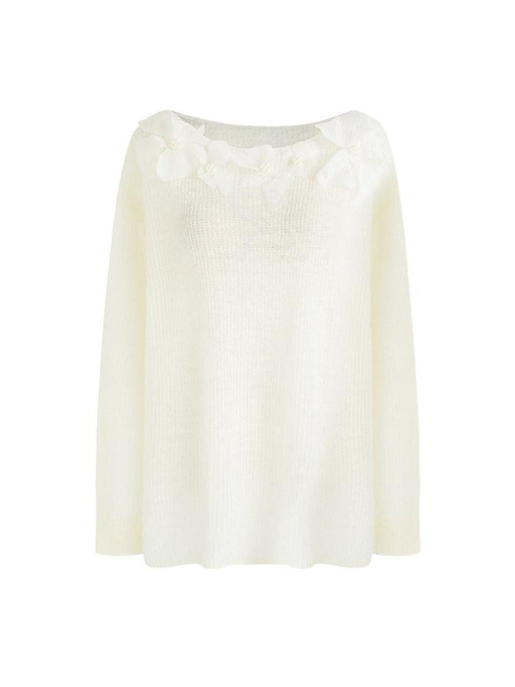 unspoken Soft Knit 3D Embellishment Loose Round Neck Long Sleeve Women White Blouses