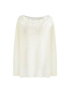 unspoken Soft Knit 3D Embellishment Loose Round Neck Long Sleeve Women White Blouses