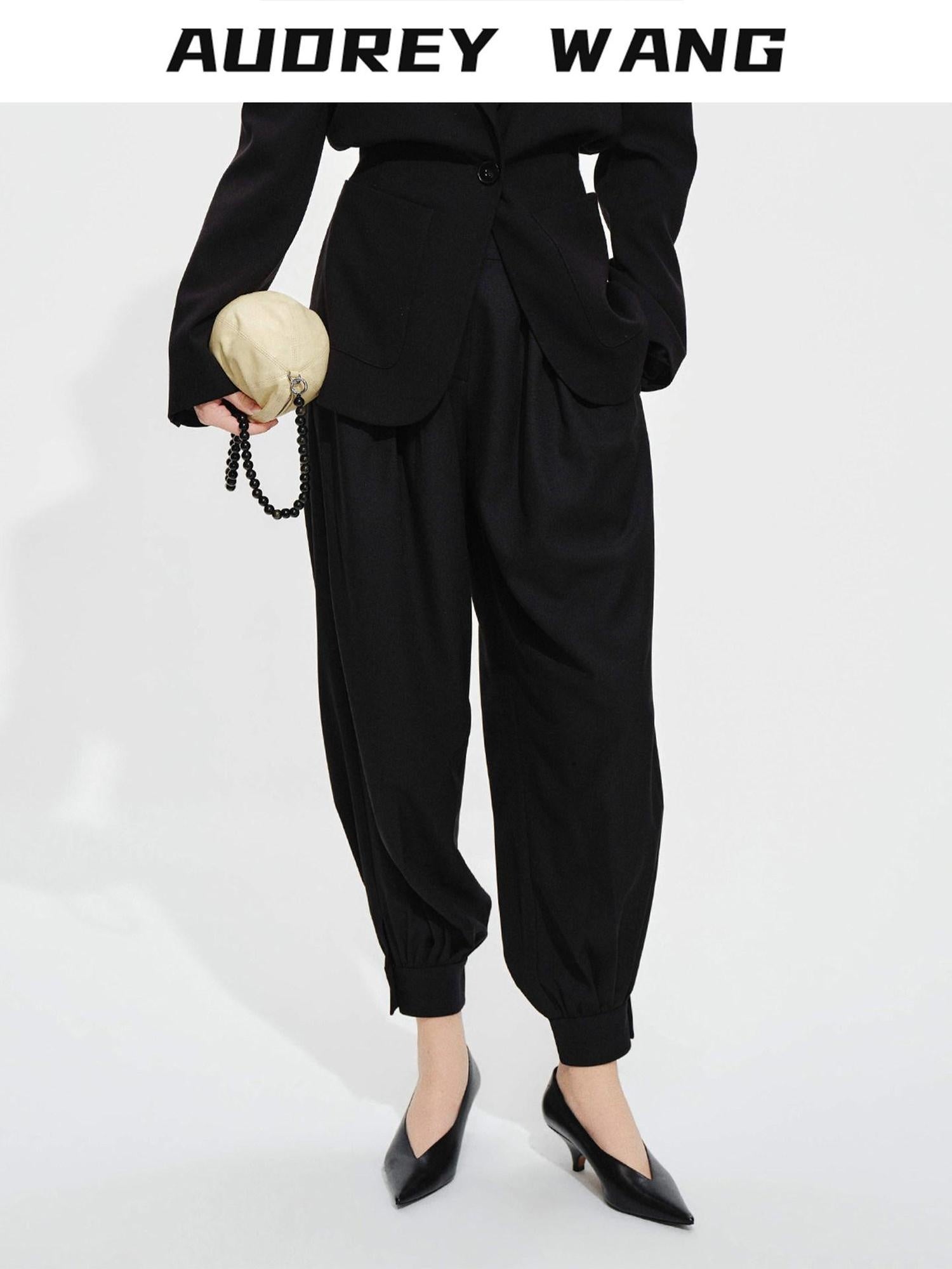 audreyyang High Stretch Elastic Waist Tapered Casual Women Black Polyester Sweatpants