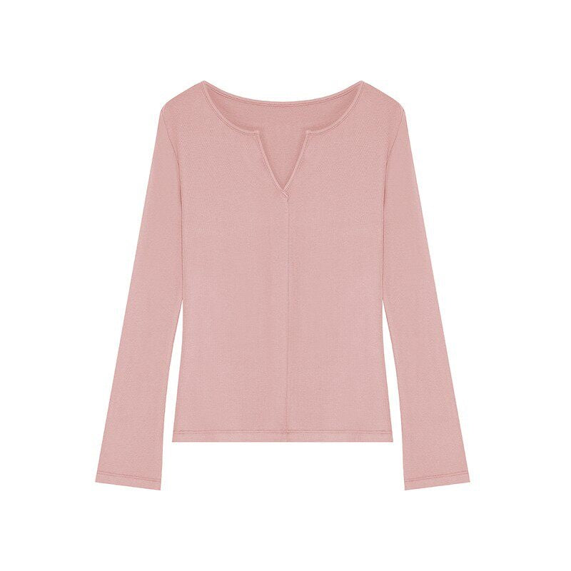 fano_Soft_V-neck_Slim_Fit_Commuter_Top_For_Women_Solid_Color_Long_Sleeve_T-Shirts_MISSTT