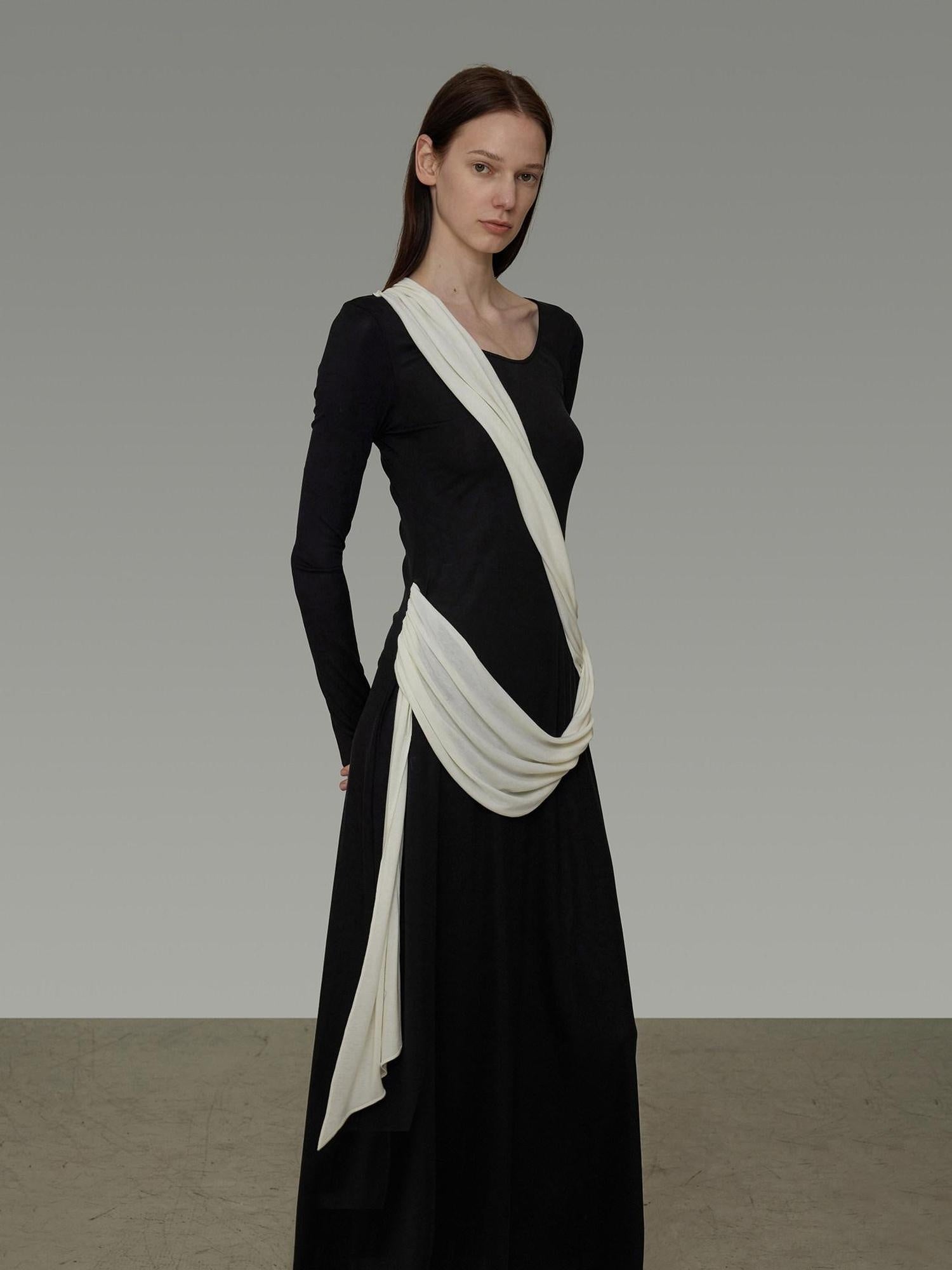 unspoken Slimming High Waist A Line Knit Long Sleeve Workwear Black Women Maxi Dresses
