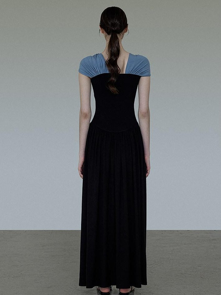 unspoken High Waist Colorblock V-neck A Line Viscose Knit Casual Women Maxi Dresses
