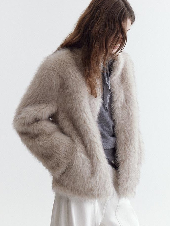 fano Warm Faux Fur Lined Oversized Stand Collar Casual Women Grey Apricot Short Coat