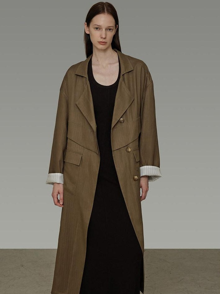 unspoken Minimalist Commuter Loose Long Single Breasted Women Olive Brown Trench Coats