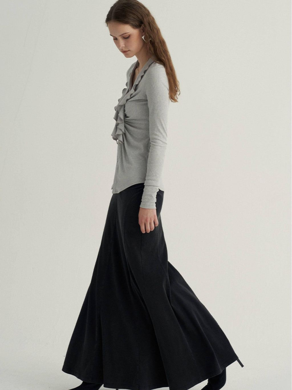 someone sometimes Ruffled V-neck Slim Fit Thin Knit Viscose Women Oatmeal Long Sleeve T-Shirts