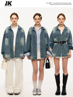 ikyou Shape Retaining Vintage Loose 3D Detail Women Midlength Blue Denim Jackets