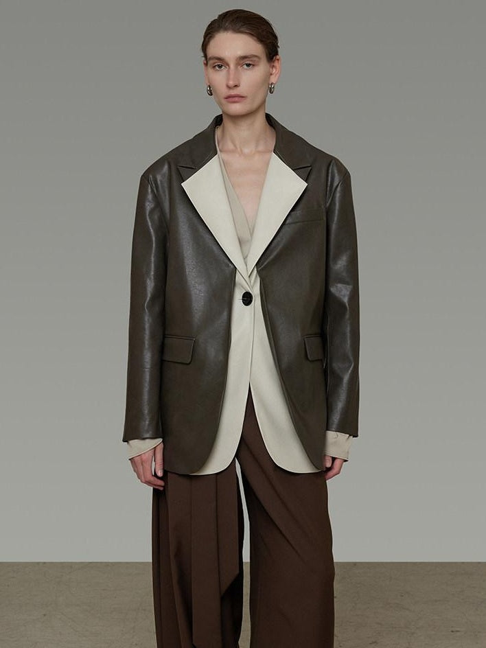 unspoken Soft Viscose Blazer Collar Relaxed Fit Commuter Women Brown Leather Jackets