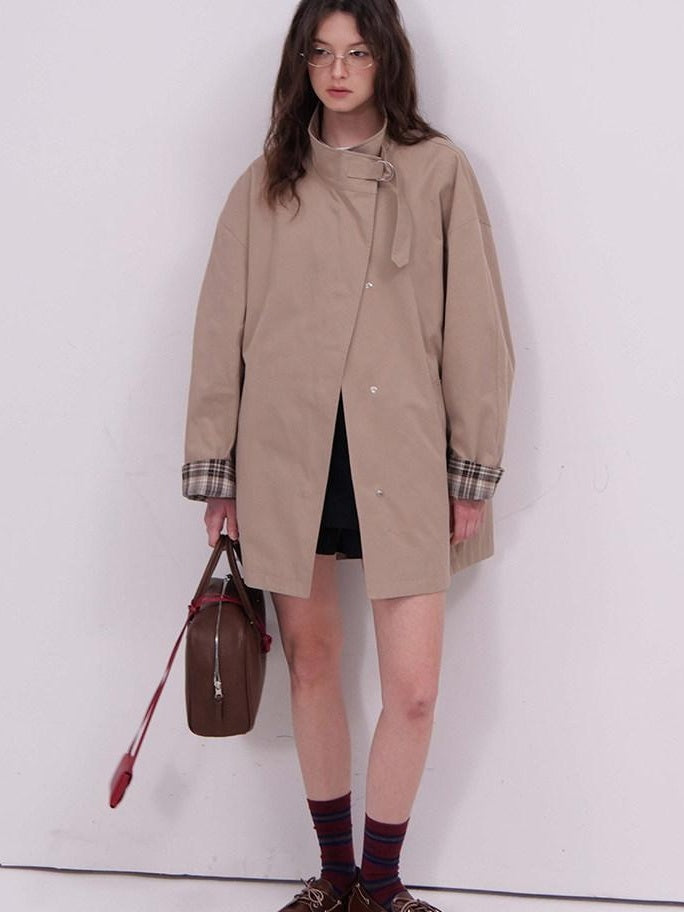 fano Khaki Loose Fit Single Breasted Mid Length Korean Casual Women Trench Coats