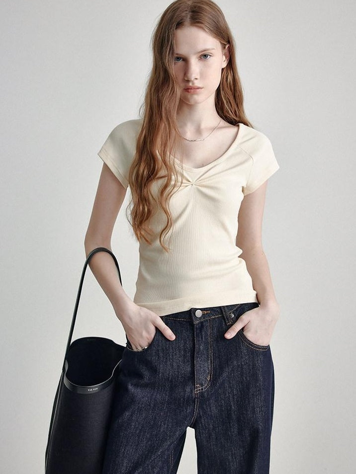 fano V-neck Drawstring Cotton Blend Minimal Straight Women Short Sleeve T-Shirts