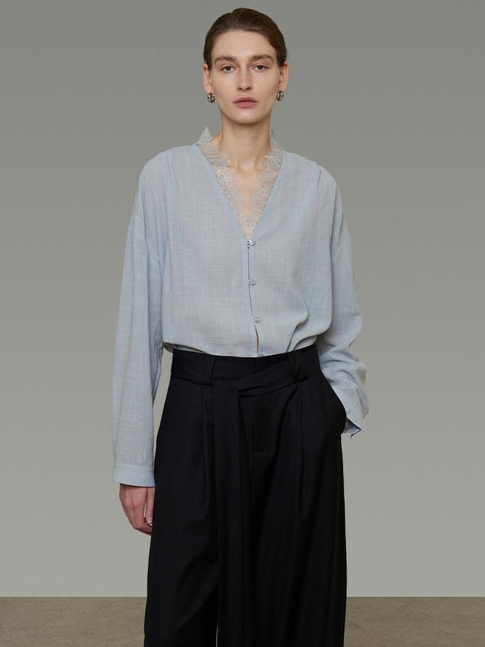 unspoken Breathable Lace V-neck Loose Fit Office Women Button Long Sleeve Blouses