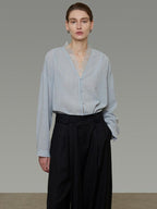 unspoken Breathable Lace V-neck Loose Fit Office Women Button Long Sleeve Blouses