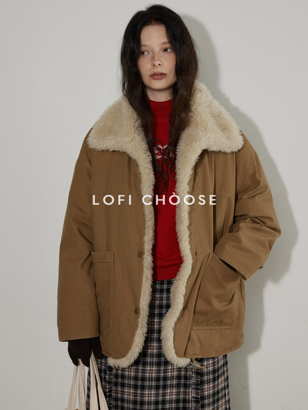 Lofi choose Cozy Wool Knit Office Loose Fit Mock Neck Long Sleeve Red Sweaters