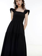 fano High Waist Ruffle A Line Square Neck Office Casual Maxi Dresses