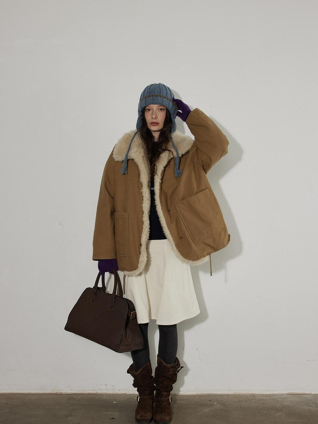 Lofi choose Pure Cotton High Waist Flared Loose Fit Women Office Off White Midi Skirts