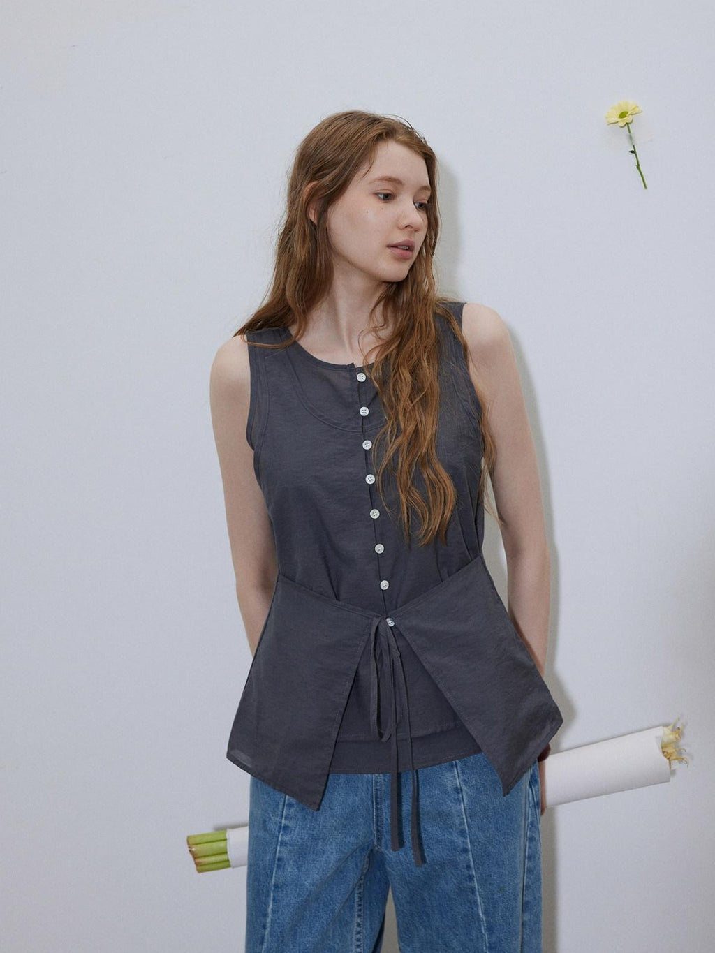 Lofi choose Button Front Loose Workwear Sleeveless Charcoal Off Shoulder Crop Tops