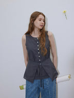 Lofi choose Button Front Loose Workwear Sleeveless Charcoal Off Shoulder Crop Tops
