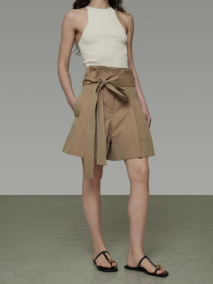 unspoken High Waist Drawstring Minimalist Workwear Cotton Blend Khaki Mid-Length Shorts