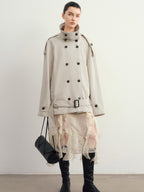 audreyyang Commuter Straight Fit Midlength Doublebreasted Epaulet Beige Women Denim Jackets