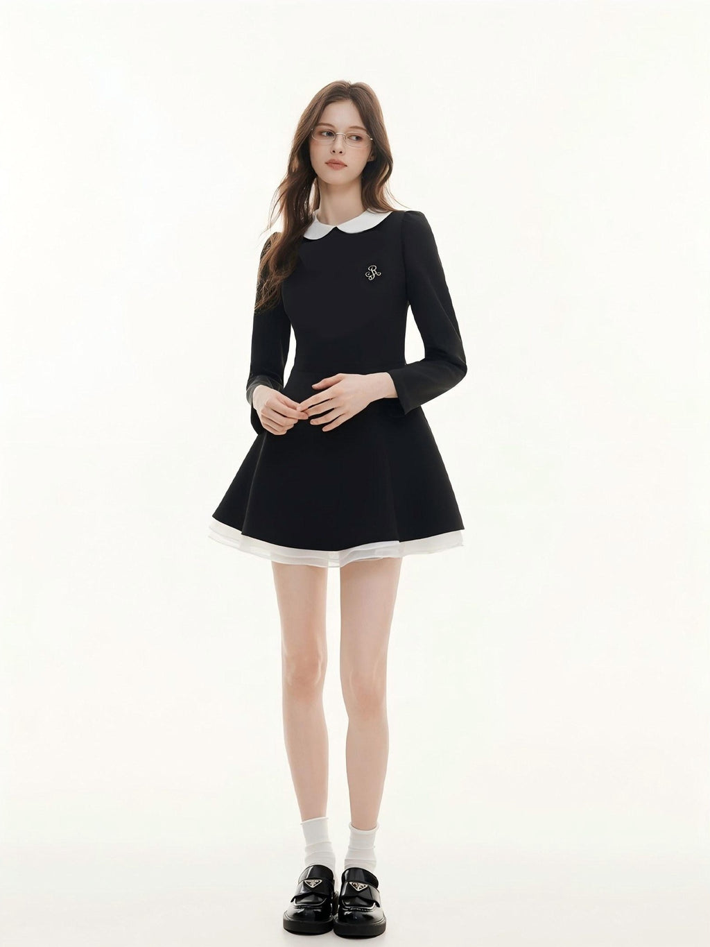 ikyou Elegant Mesh Princess High Waist Doll Collar A Line Black Midi Dresses