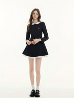 ikyou Elegant Mesh Princess High Waist Doll Collar A Line Black Midi Dresses