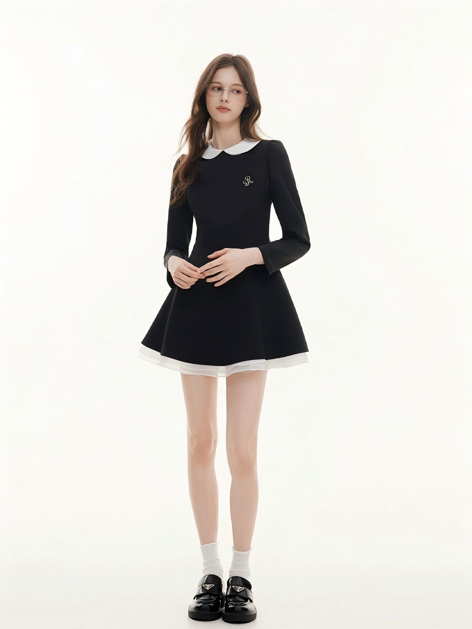 ikyou Elegant Mesh Princess High Waist Doll Collar A Line Black Midi Dresses