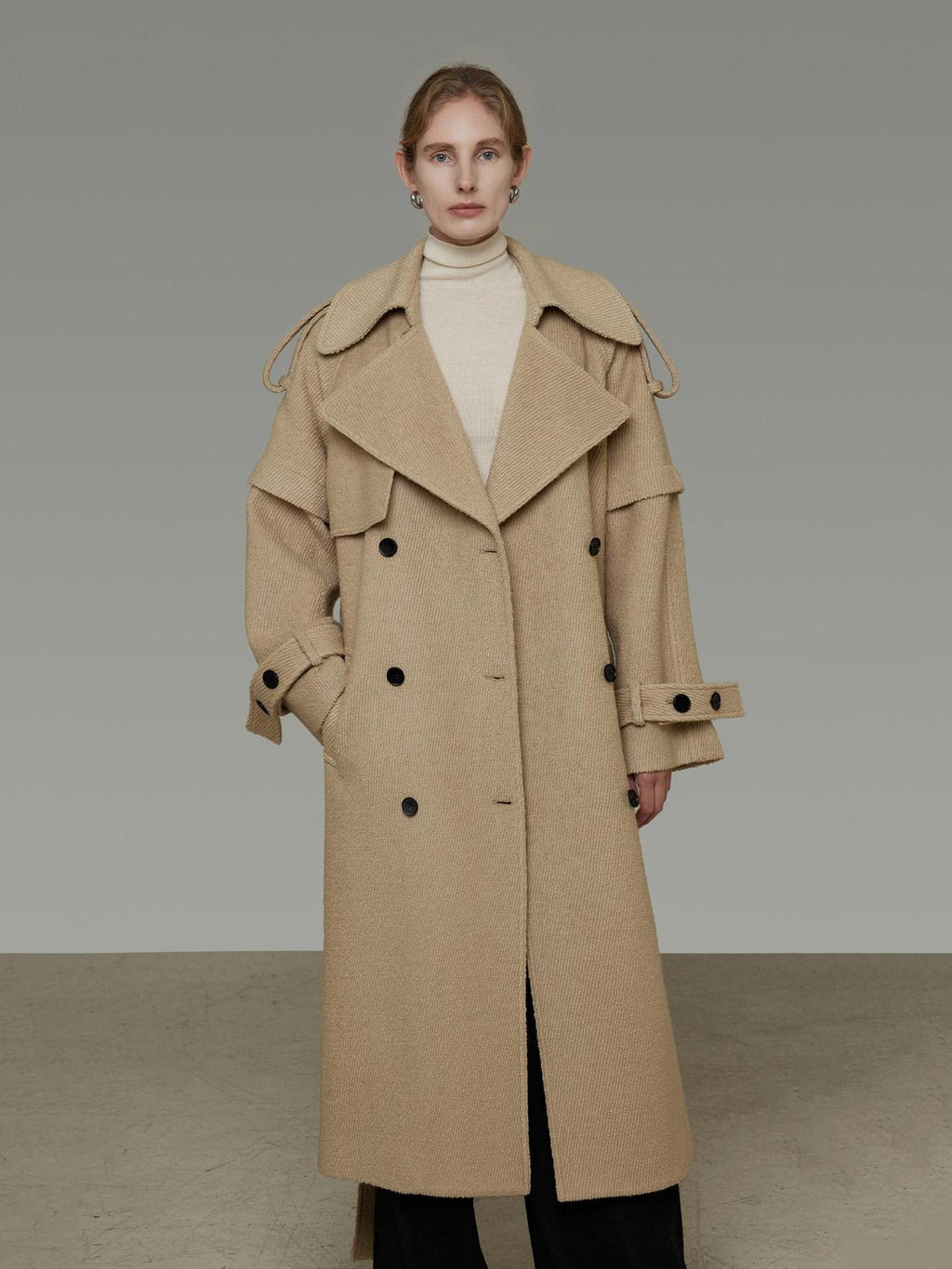 unspoken Elegant Minimal Workwear Oversized Double Breasted Lapel Khaki Wool Coats