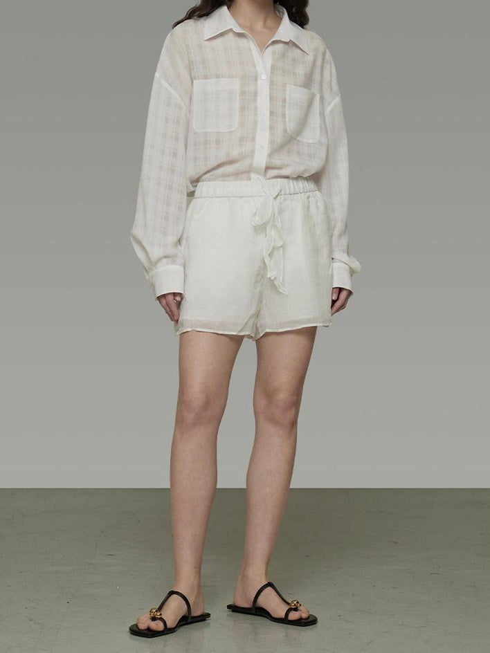 unspoken Pure Ramie Tie Waist Straight Leg Minimal Workwear Women White Mid-Length Shorts