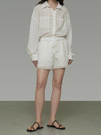 unspoken Pure Ramie Tie Waist Straight Leg Minimal Workwear Women White Mid-Length Shorts