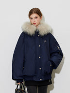 ikyou 90 Percent White Duck Down Oversized Korean Hooded Fur Collar Navy Down Jackets