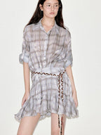 fano Plaid Korean Workwear A Line Natural Waist Mid Sleeve Khaki Midi Dresses